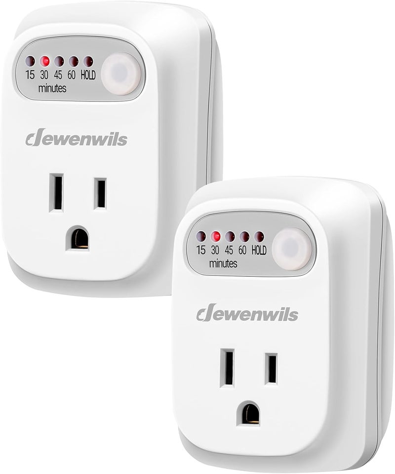 DEWENWILS Indoor Countdown Timer Outlet, 15/30/45/60min Settings, Auto Shut Off Safety Outlet for Lights, Seasonal Decor, Coffee Pot, 125V/15A Resistive/1000W Tungsten, 3 Prong, 1/3 HP, 2 Pack - Image 1